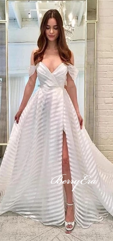 Off Shoulder Long Wedding Dresses, Side Slit Long Bridal Gown, Newest Long Wedding Dresses