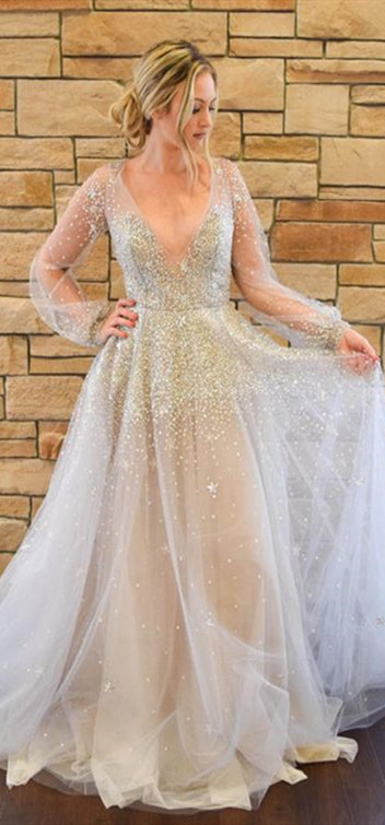 V-neck Light Grey Sequin Tulle Wedding Dresses, Long Sleeves Wedding Dresses, Open Back Bridal Gown