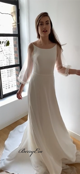 Simple Elegant Chiffon Tulle Long Wedding Dresses, Bridal Gown