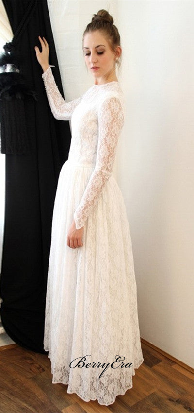 Long Sleeves Lace A-line Wedding Dresses, Elegant Bridal Gown