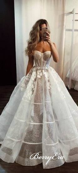 Sweetheart Long A-line Sequin Tulle Appliques Wedding Dresses