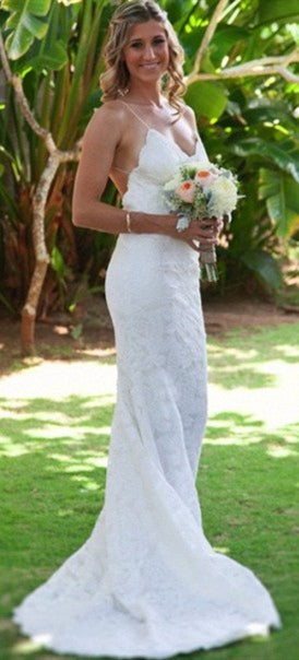 V-neck Long Mermaid Wedding Dresses, Lace Wedding Dresses, Backless Wedding Dresses