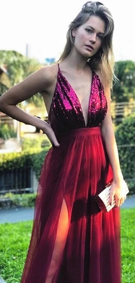 Deep V-neck Long A-line Sequin Tulle Prom Dresses, High SIde Slit Prom Dresses, 2020 Prom Dresses