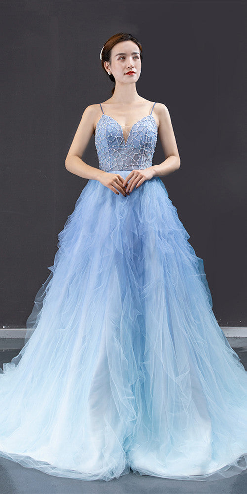 Spaghetti Long A-line Prom Dresses, Pale Blue Beaded Tulle Prom Dresses, 2021 Prom Dresses, Cheap Prom Dresses