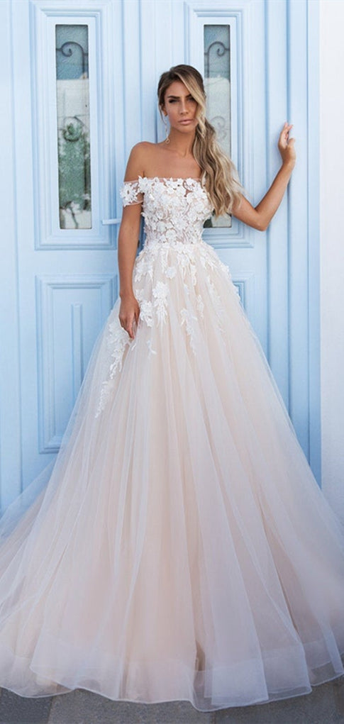 Off Shoulder Long A-line Lace Tulle Wedding Dresses, Newest Wedding Dresses, 2020 Wedding Dresses