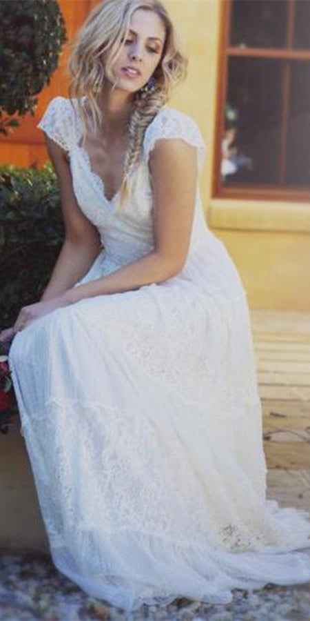 V-neck Cap Sleeves Lace Wedding Dresses, Bridal Gown, Long Wedding Dresses, Country Wedding Dresses