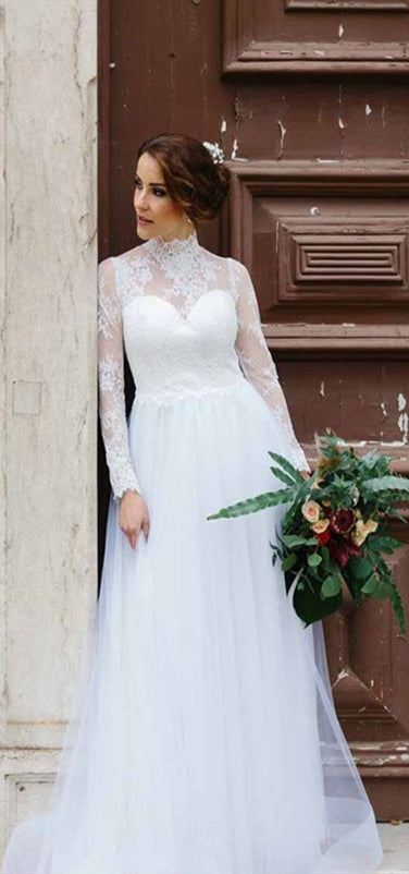 High Neck Long Sleeves Lace Tulle Wedding Dresses, White Wedding Dresses, A-line Elegant Wedding Dresses