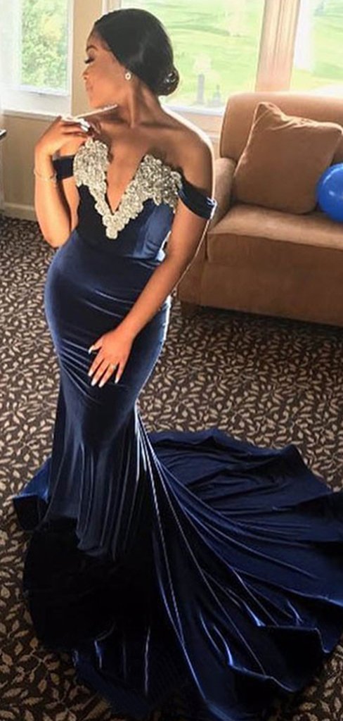 Off Shoulder Navy Velvet Appliques Beaded Prom Dresses