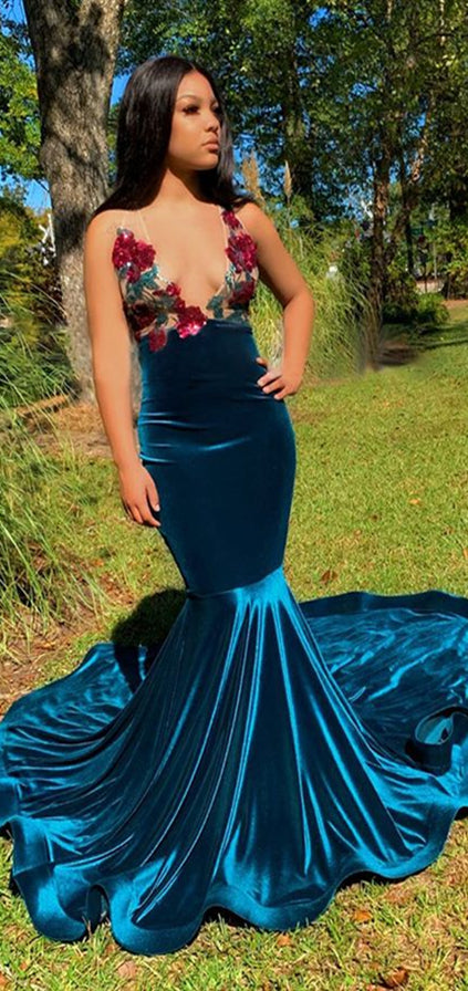 V-neck Long Mermaid Prom Dresses, Velvet Prom Dresses, 2020 Long Prom Dresses