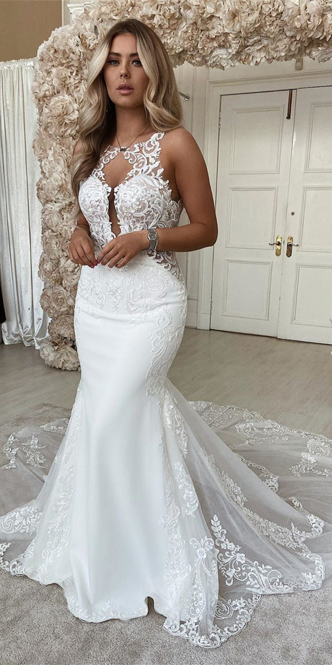 Sleeveless Lace Jersey Wedding Dresses, Long Bridal Gown, Popular 2020 Wedding Dresses