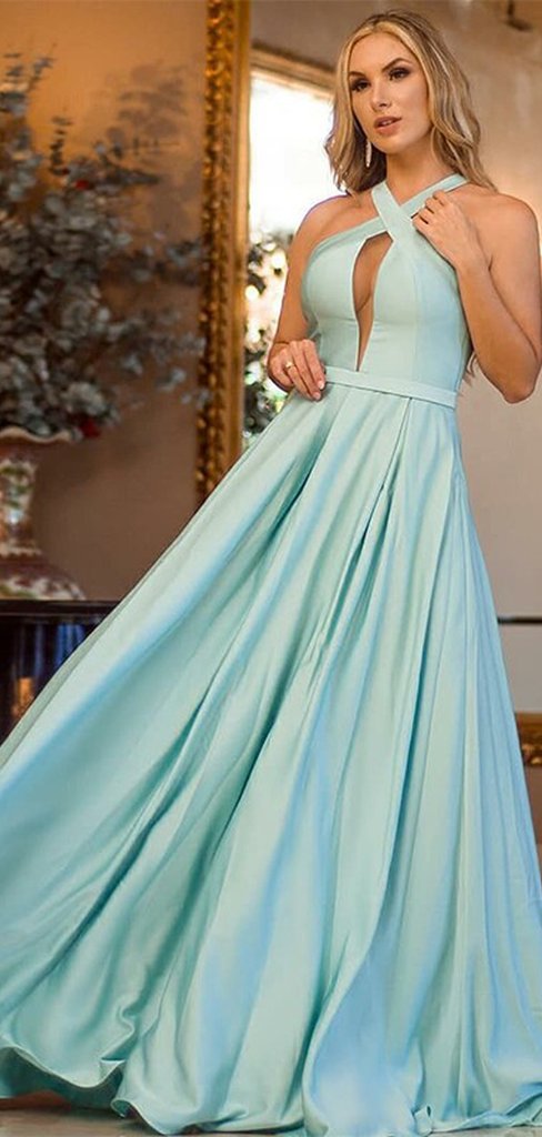 Simple Design Light Blue Satin A-line Prom Dresses