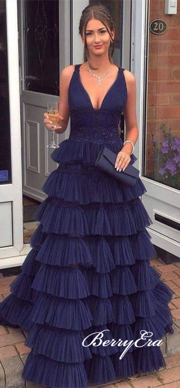 V-neck Navy Blue Tulle Beaded Prom Dresses, Long Prom Dresses, Fluffy Prom Dresses, 2020 Prom Dresses