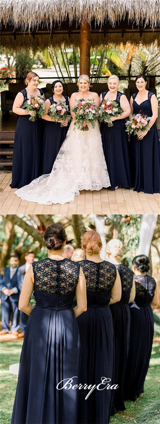 Elegant Lace Chiffon Navy Long Bridesmaid Dresses