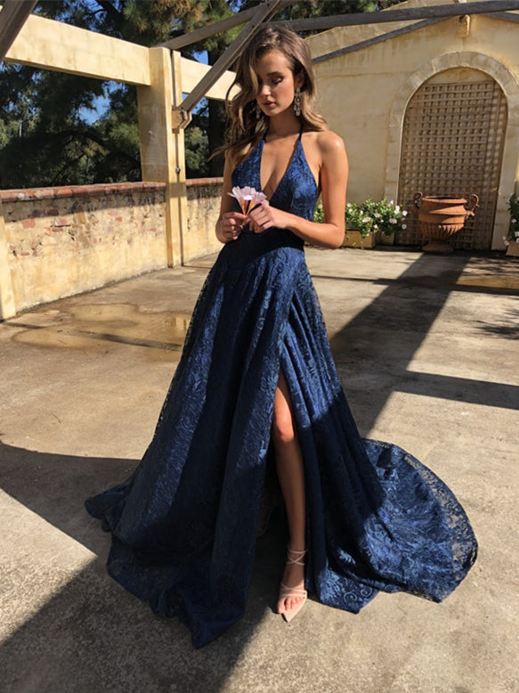 V-neck Navy Lace Prom Dresses, Popular Prom Dresses, Long Prom Dresses, Prom Dresses