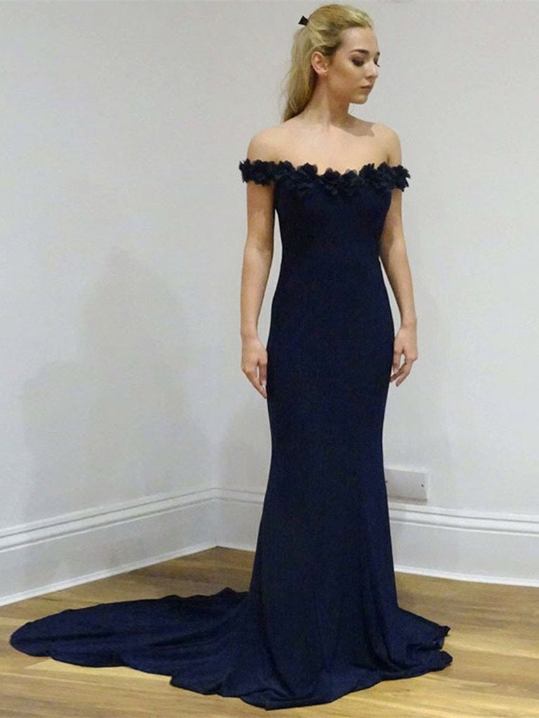 Elegant Off Shoulder Jersey Navy Long Evening Party Prom Dresses