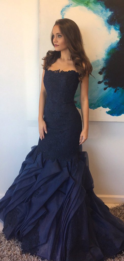 Long Mermaid Navy Lace Beaded Prom Dresses, Organza Sleeveless Long Prom Dresses