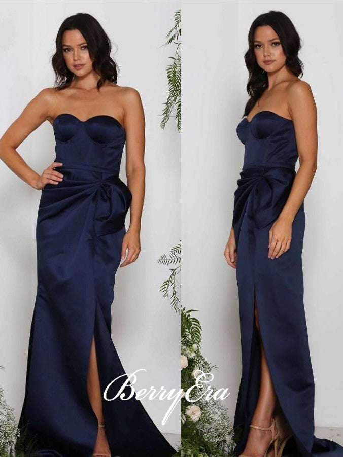 Strapless Navy Side Slit Satin Long Prom Dresses