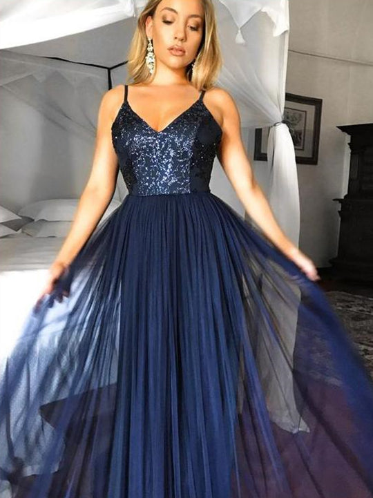 Straps V-neck Long A-line Navy Sequin Tulle Prom Dresses