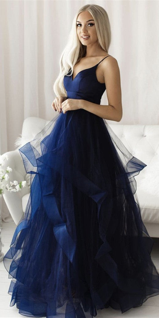 Spaghetti Long A-line Navy Prom Dresses, Organza Prom Dresses, 2021 Prom Dresses, Cheap Prom Dresses, Popular Prom Dresses