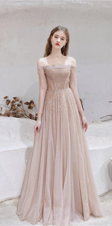 Off Shoulder Nude Champagne Beaded Sequin Prom Dresses, A-line 2021 Prom Dresses