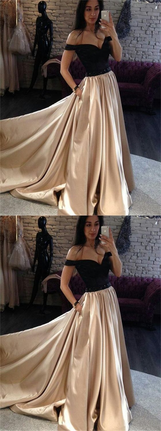 Off Shoulder Long A-line Satin Beaded Prom Dresses