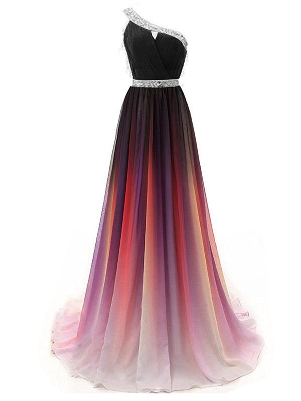 One Shoulder Long A-line Gradient Chiffon Prom Dresses