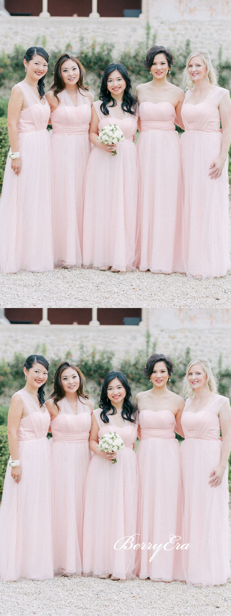 Pink Convertible Long A-line Tulle Bridesmaid Dresses