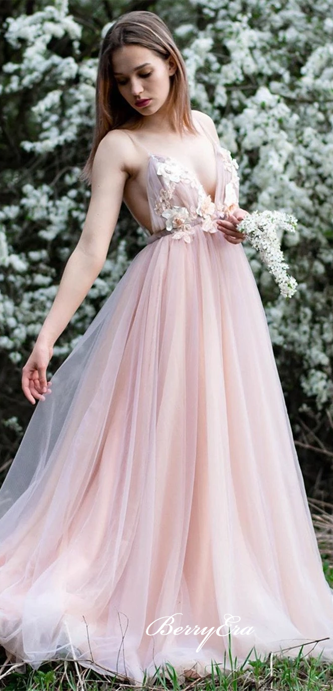 Spaghetti Pink Tulle Prom Dresses, Appliques Prom Dresses, Romantic Long Prom Dresses, Cheap Prom Dresses