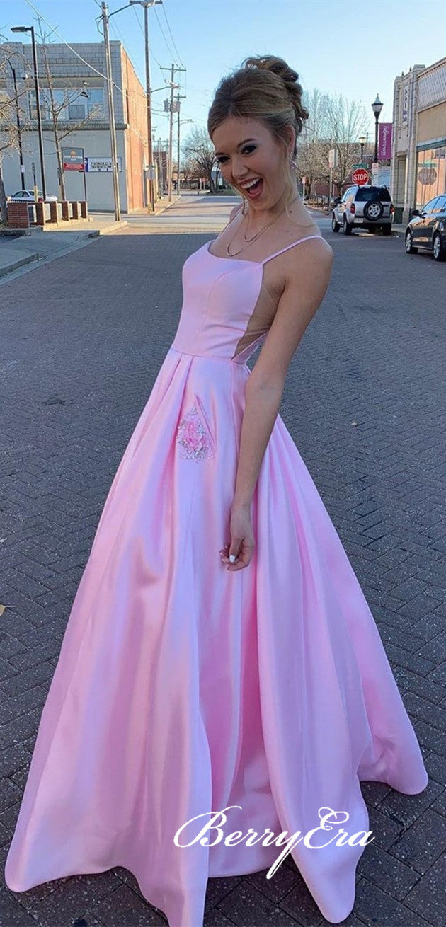 Pink Long A-line Prom Dresses, Satin Prom Dresses, Cute Prom Dresses With Pockets, Long Prom Dresses