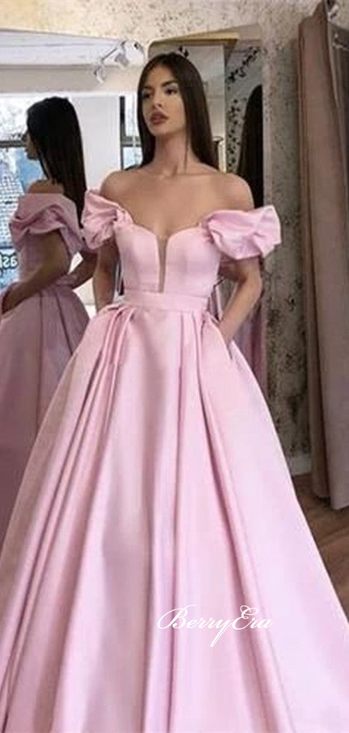 Off Shoulder Bubble Sleeve Long A-line Pink Satin Prom Dresses, New Arrival Prom Dresses, Long Prom Dresses