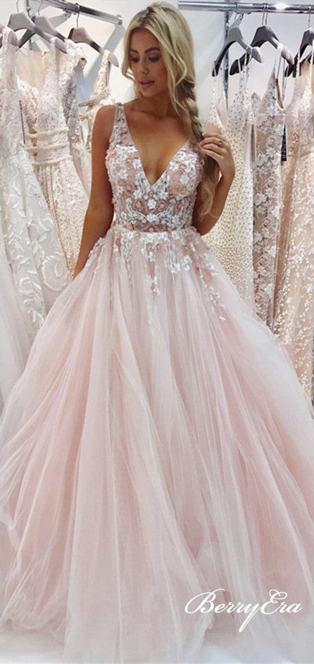 V-neck Blush Lace Appliques Beaded Long Prom Dresses, Prom Dresses