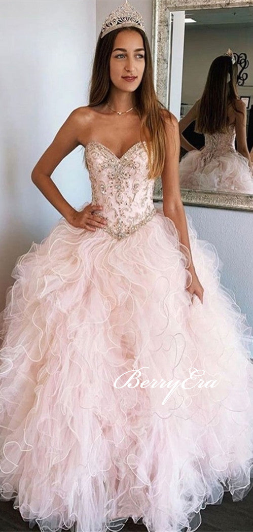 Sweetheart Long Pink Tulle Beaded Prom Dresses, Lovely Cute Ball Gown Prom Dresses, Long Prom Dresses