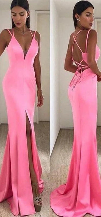 V-neck Pink Side Slit Prom Dresses, Mermaid Prom Dresses, Sexy Long Prom Dresses