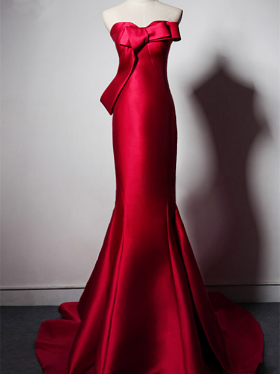 Sweetheart Long Mermaid Red Satin Prom Dresses, Lovely Bow Prom Dresses, Elegant Prom Dresses