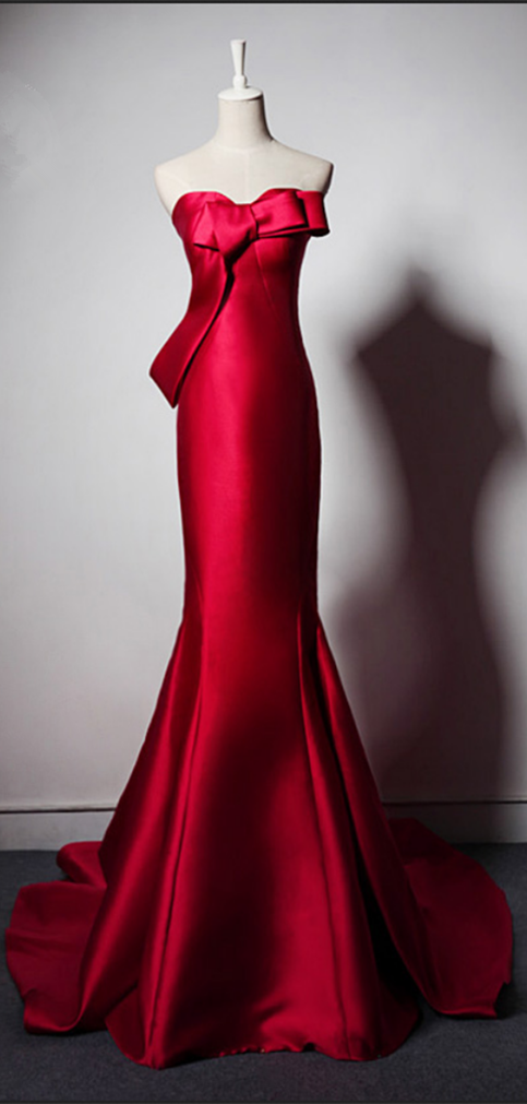 Sweetheart Long Mermaid Red Satin Prom Dresses, Lovely Bow Prom Dresses, Elegant Prom Dresses