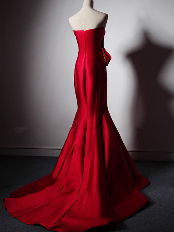 Sweetheart Long Mermaid Red Satin Prom Dresses, Lovely Bow Prom Dresses, Elegant Prom Dresses