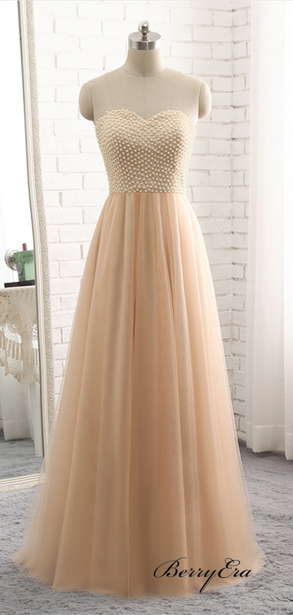 Sweetheart Strapless A-line Tulle Prom Dresses, Beaded Luxury Long Prom Dresses