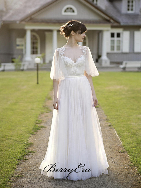 Mid Sleeves Open Back Tulle A-line Wedding Dresses, Lace Beach Wedding Dresses