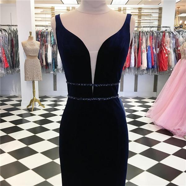 V-neck Navy Velvet Long Mermaid Beaded Prom Dresses