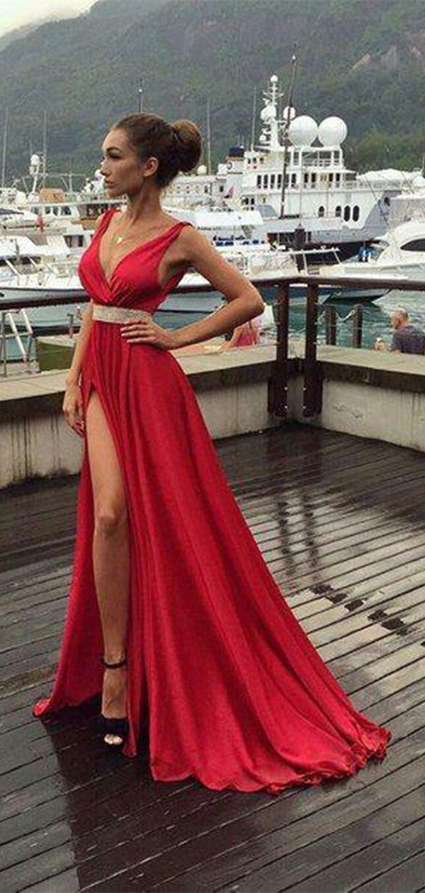 Red Color High Slit A-line Prom Dress, V-neck Evening Party Prom Dress