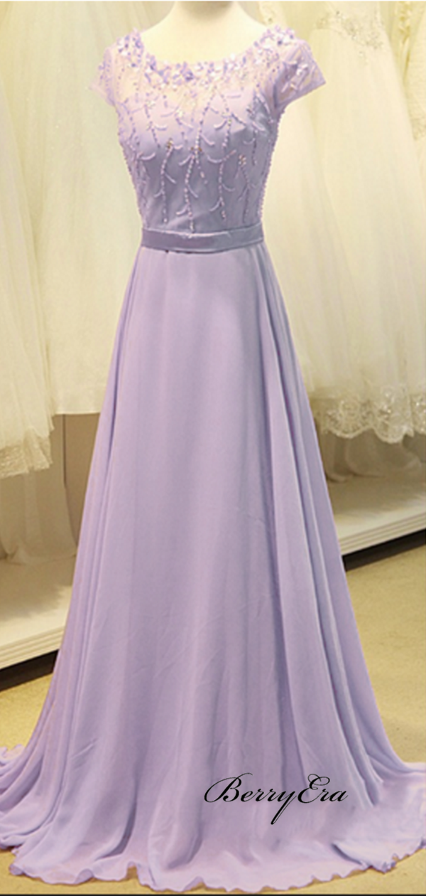 Pale Purple Chiffon Prom Dresses, Beaded Prom Dresses, Popular Prom Dresses