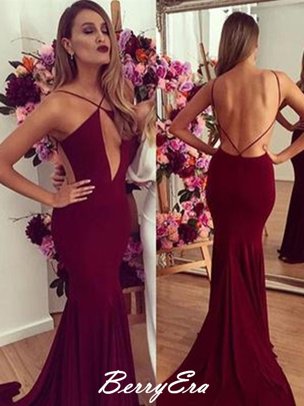 Sexy Backless Burgundy Mermaid Prom Dresses, Cheap Long Prom Dresses