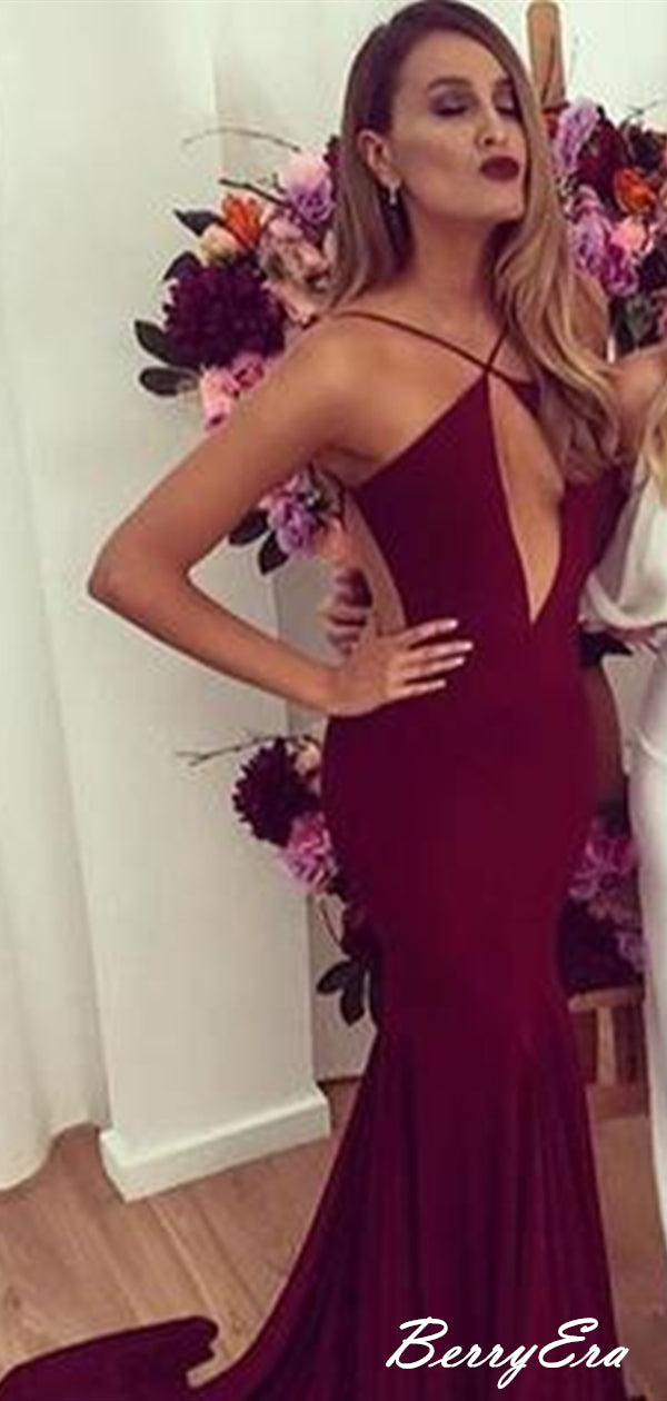 Sexy Backless Burgundy Mermaid Prom Dresses, Cheap Long Prom Dresses