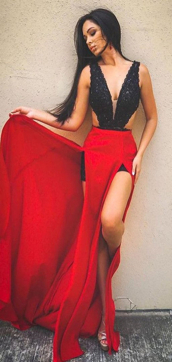 Deep V-neck Long Party Prom Dresses, Red Color Slit Sexy Prom Dresses