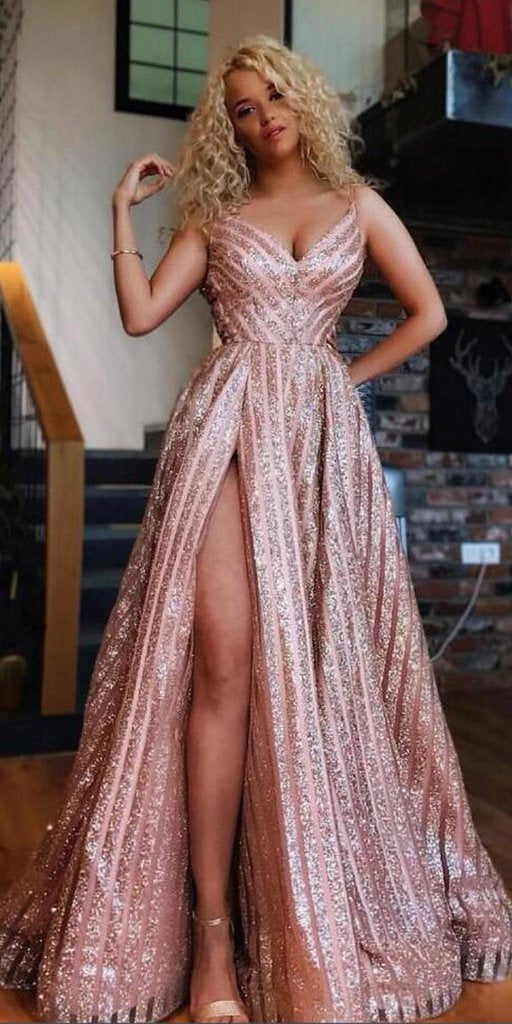 Sparkle A Line Side Slit Spaghetti Strap Long Prom Dresses