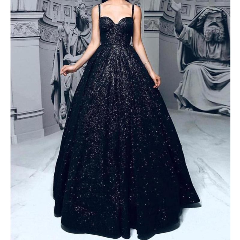 Long A-line Black Sequin Elegant Prom Dresses