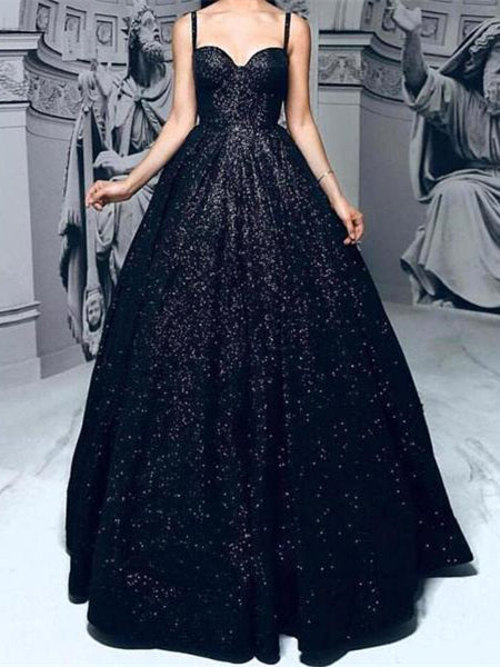 Long A-line Black Sequin Elegant Prom Dresses