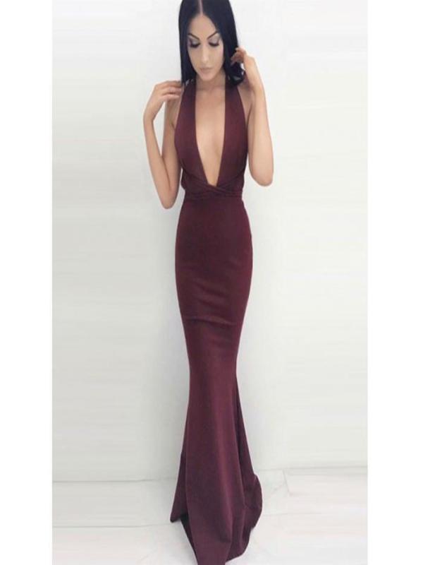 Sexy V-neck Long Mermaid Maroon Prom Dresses