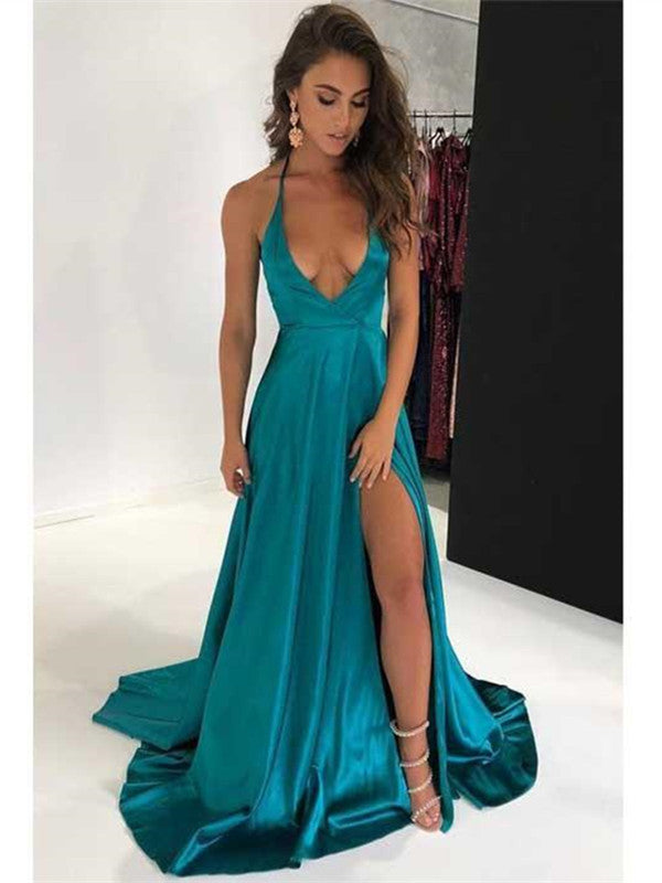 Deep V-neck Sexy Long Prom Dresses, Simple Cheap Prom Dresses