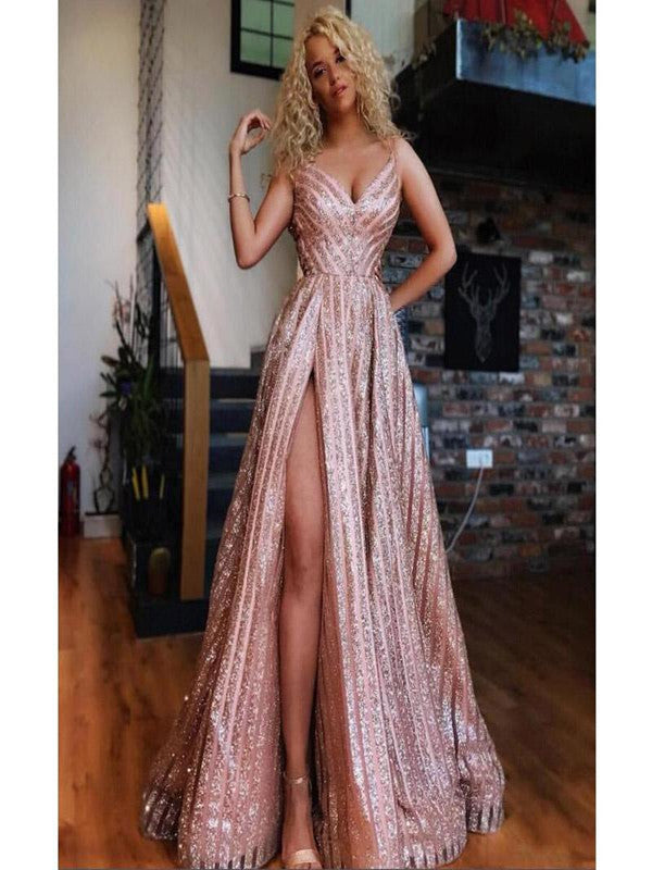 Sparkle A Line Side Slit Spaghetti Strap Long Prom Dresses